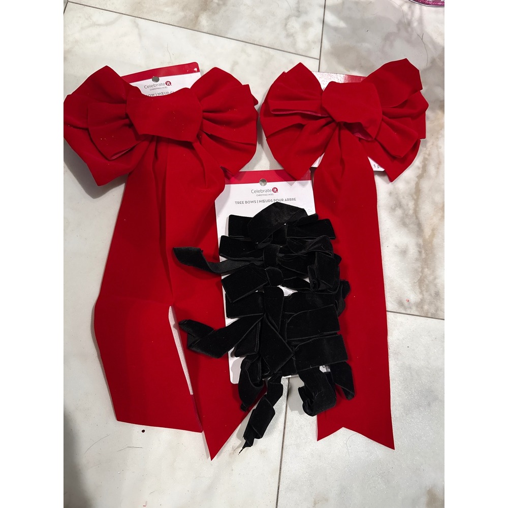 Celebrate It Christmas Velvet Bow Set Red Classic Bows & Black Tree Bows Clip On